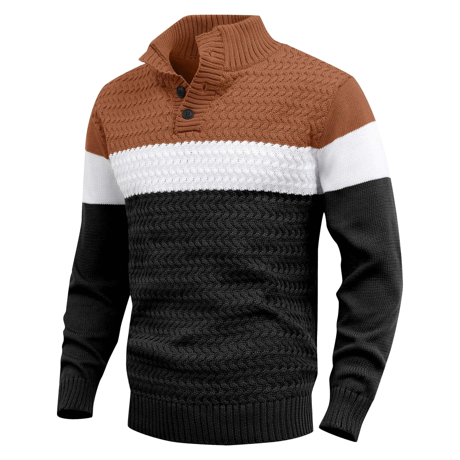 Man wearing a trendy color block knit pullover sweater. Crew neck design for casual and winter style.