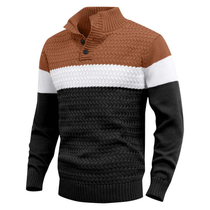 Man wearing a trendy color block knit pullover sweater. Crew neck design for casual and winter style.