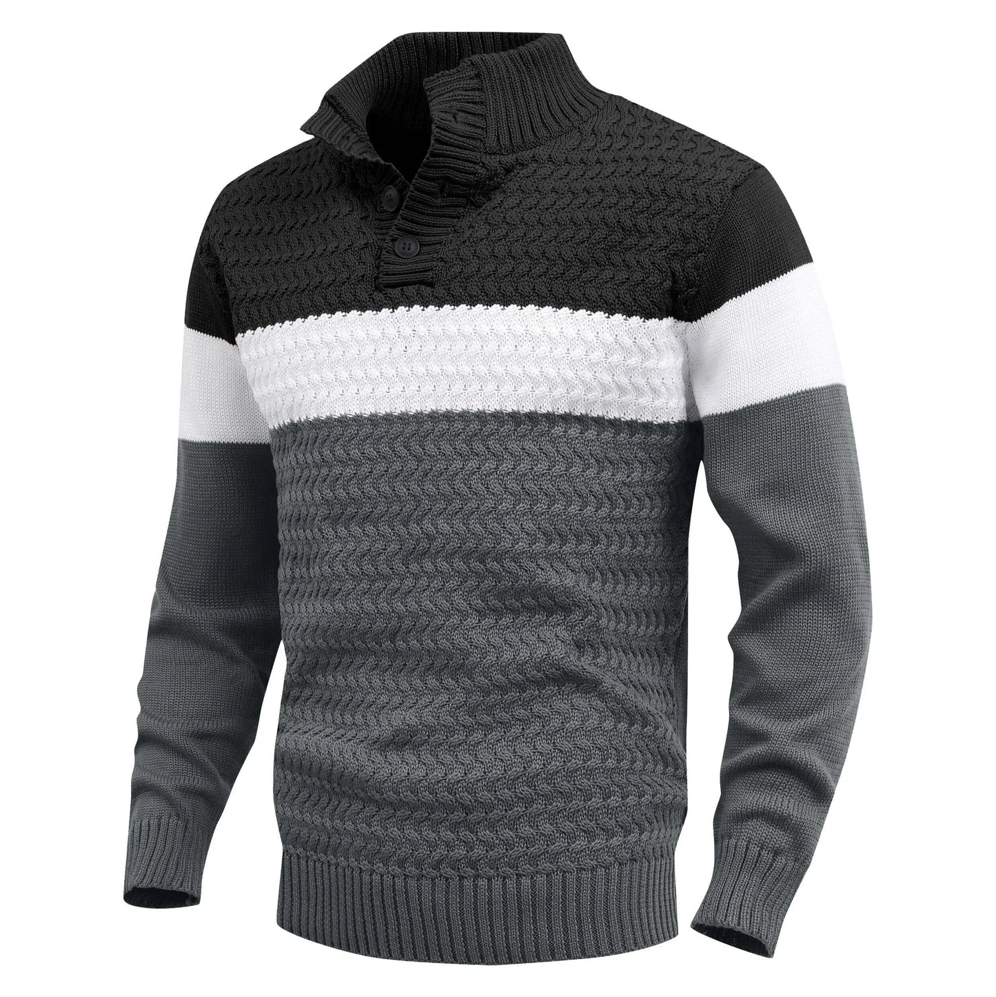 Detailed view of a men's color block knit pullover sweater, highlighting the soft texture & crew neck.