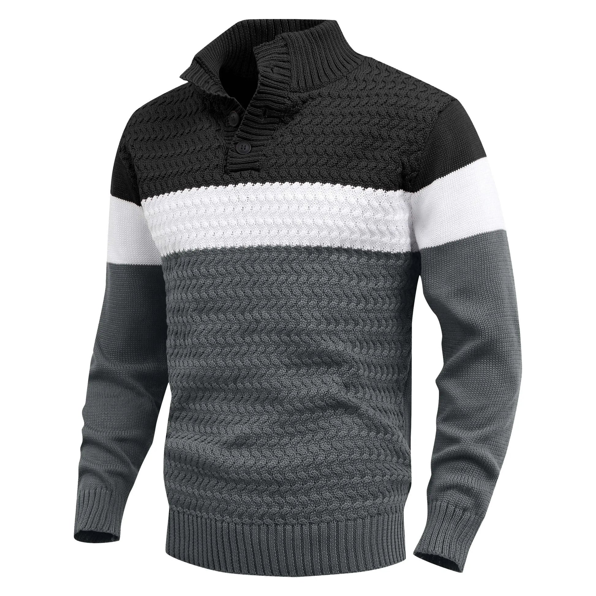 Detailed view of a men's color block knit pullover sweater, highlighting the soft texture & crew neck.