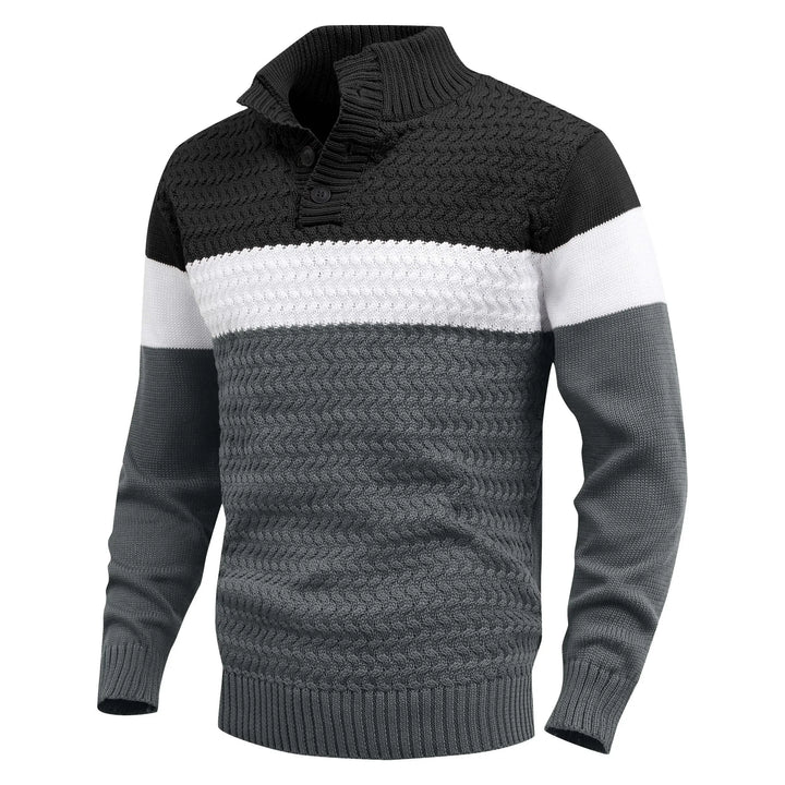 Detailed view of a men's color block knit pullover sweater, highlighting the soft texture & crew neck.