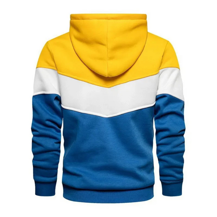 Modern men's colorblock athletic hoodie, perfect for contemporary urban outfits.