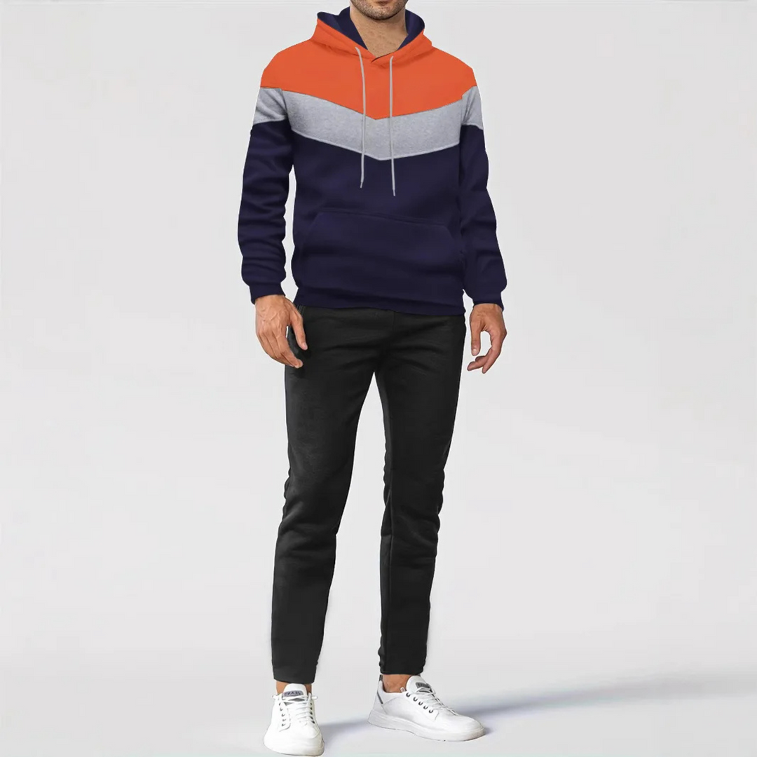 Front view of men's colorblock athletic pullover hoodie, designed for comfort & style.