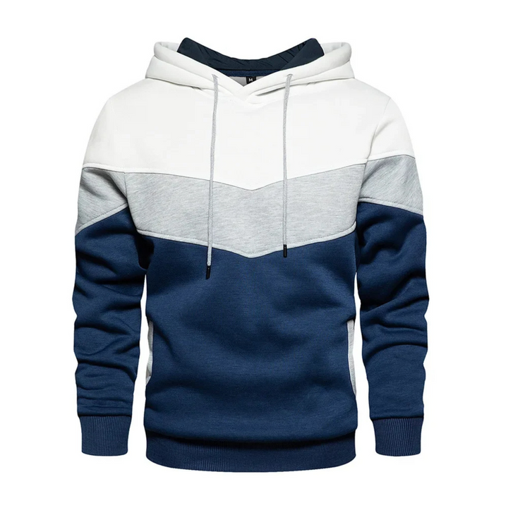Side view of men's colorblock athletic hoodie, demonstrating its modern, dynamic fit.