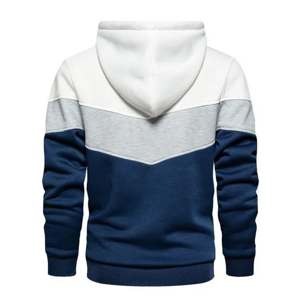 Back view of men's colorblock athletic hoodie, highlighting the colorblock pattern.