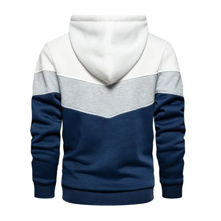 Back view of men's colorblock athletic hoodie, highlighting the colorblock pattern.