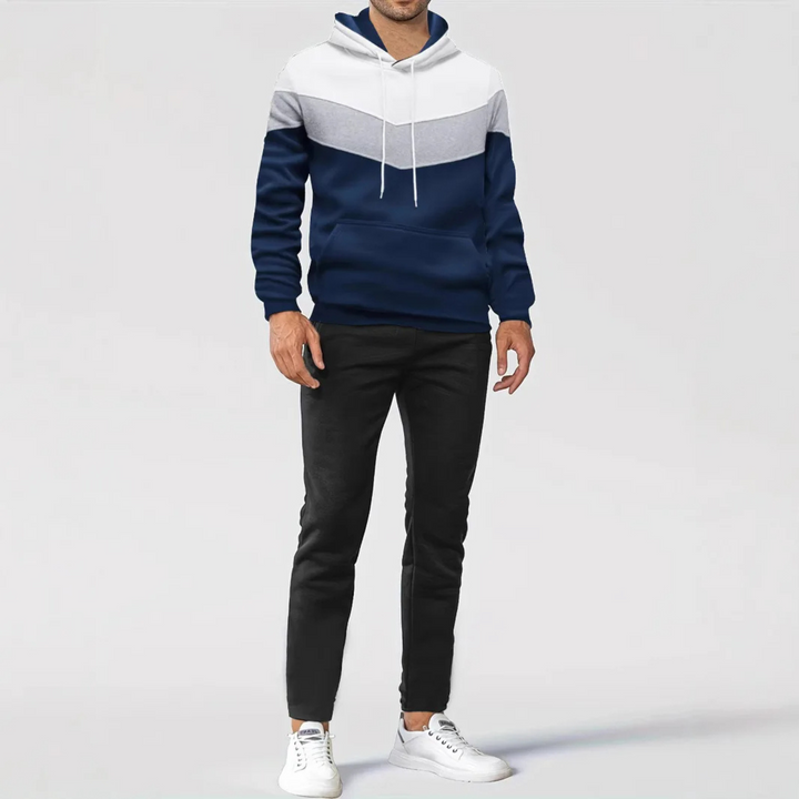 Soft, comfortable men's colorblock athletic hoodie, ideal for a layered urban style.