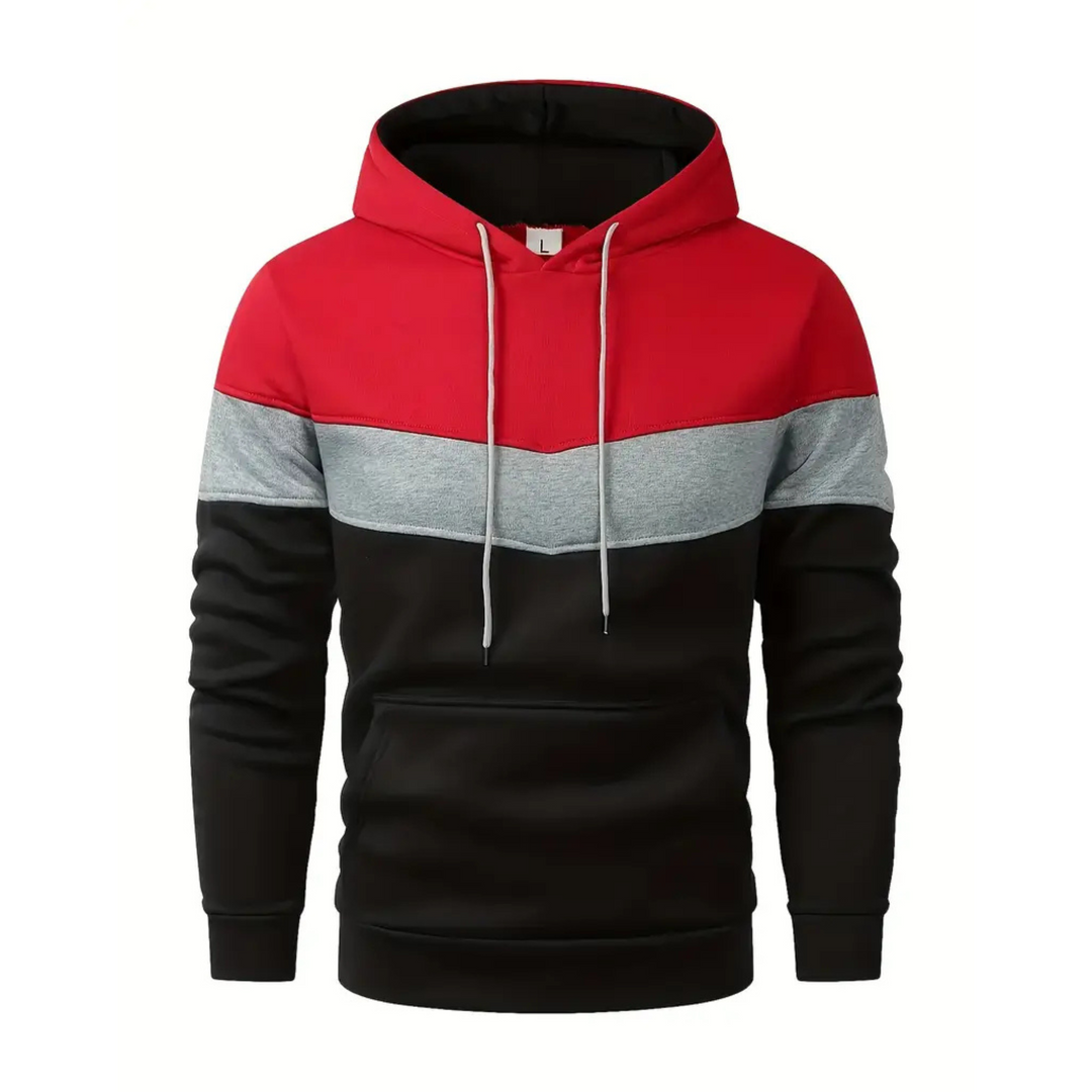 Layered men's colorblock hoodie, an essential for dynamic athletic & urban style.