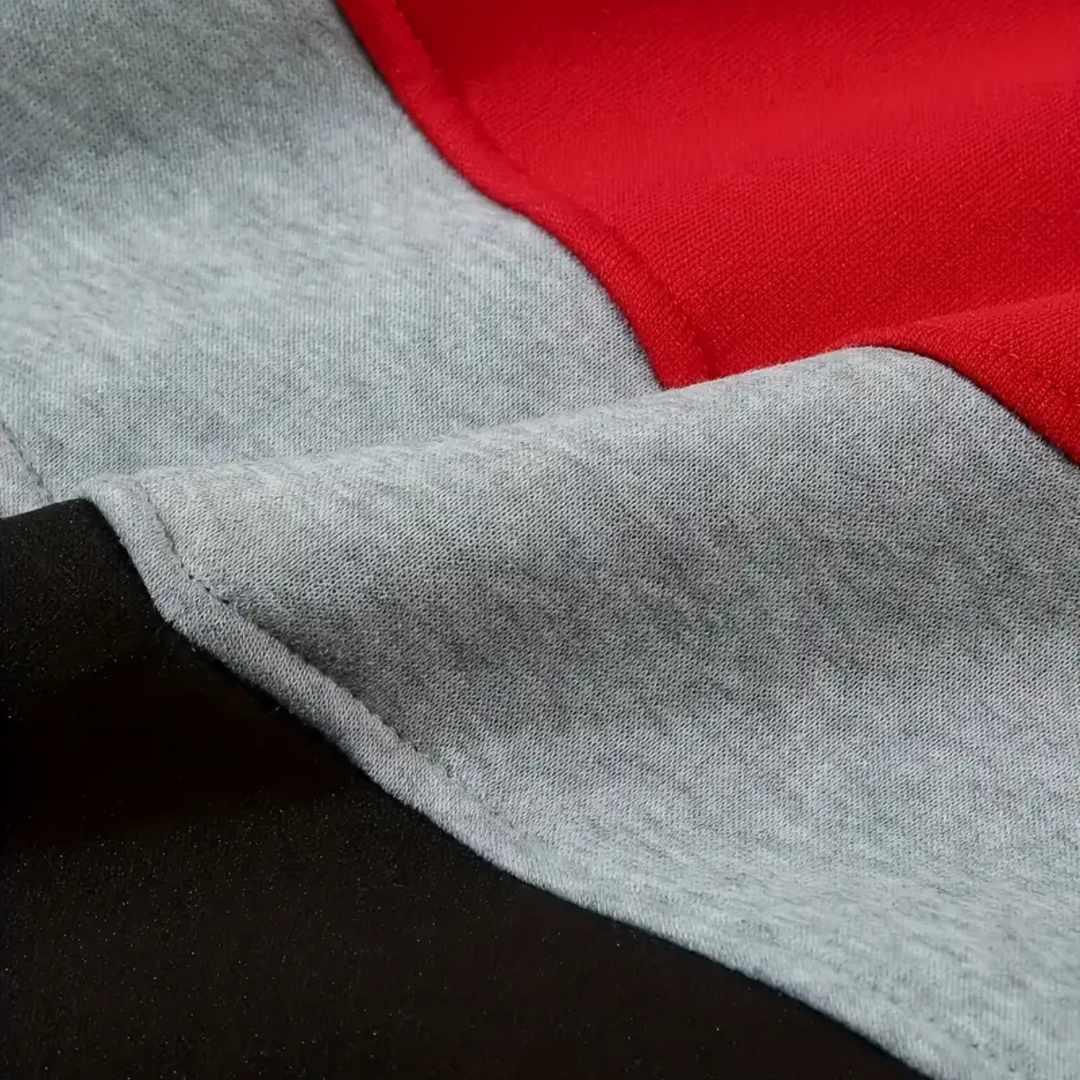 Urban style men's colorblock hoodie, a comfortable and dynamic athletic choice.