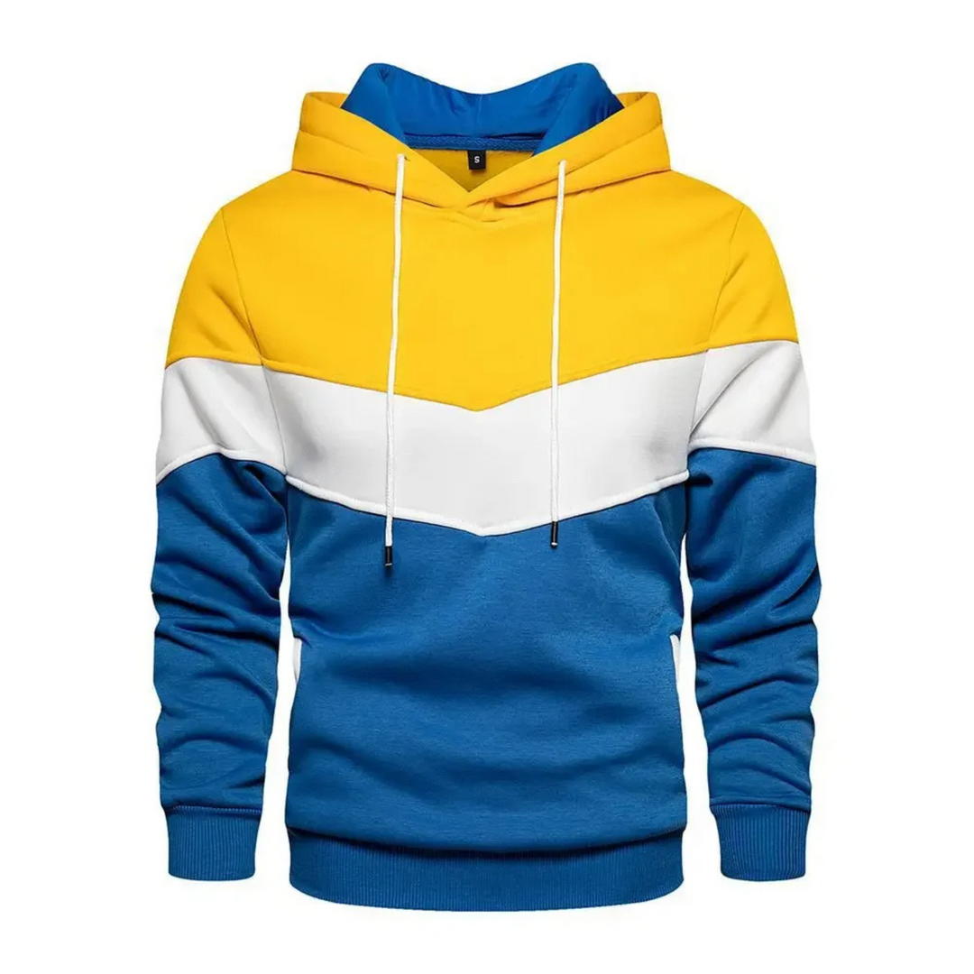 Dynamic men's colorblock hoodie, a vibrant pullover for athletic and casual fashion.