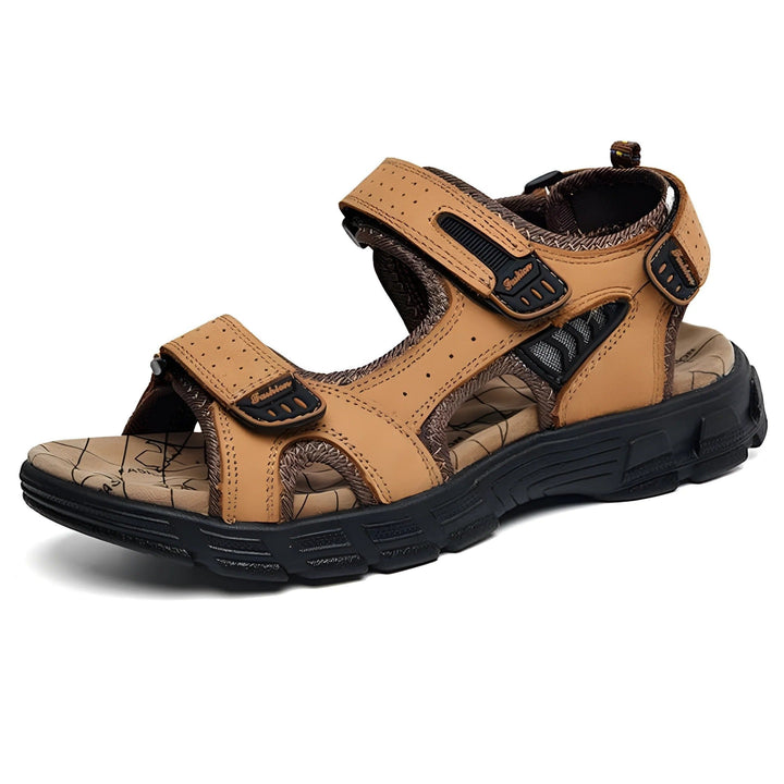 Durable men's beach sandals featuring adjustable hook-and-loop straps, breathable open-toe, and comfort for warm weather.