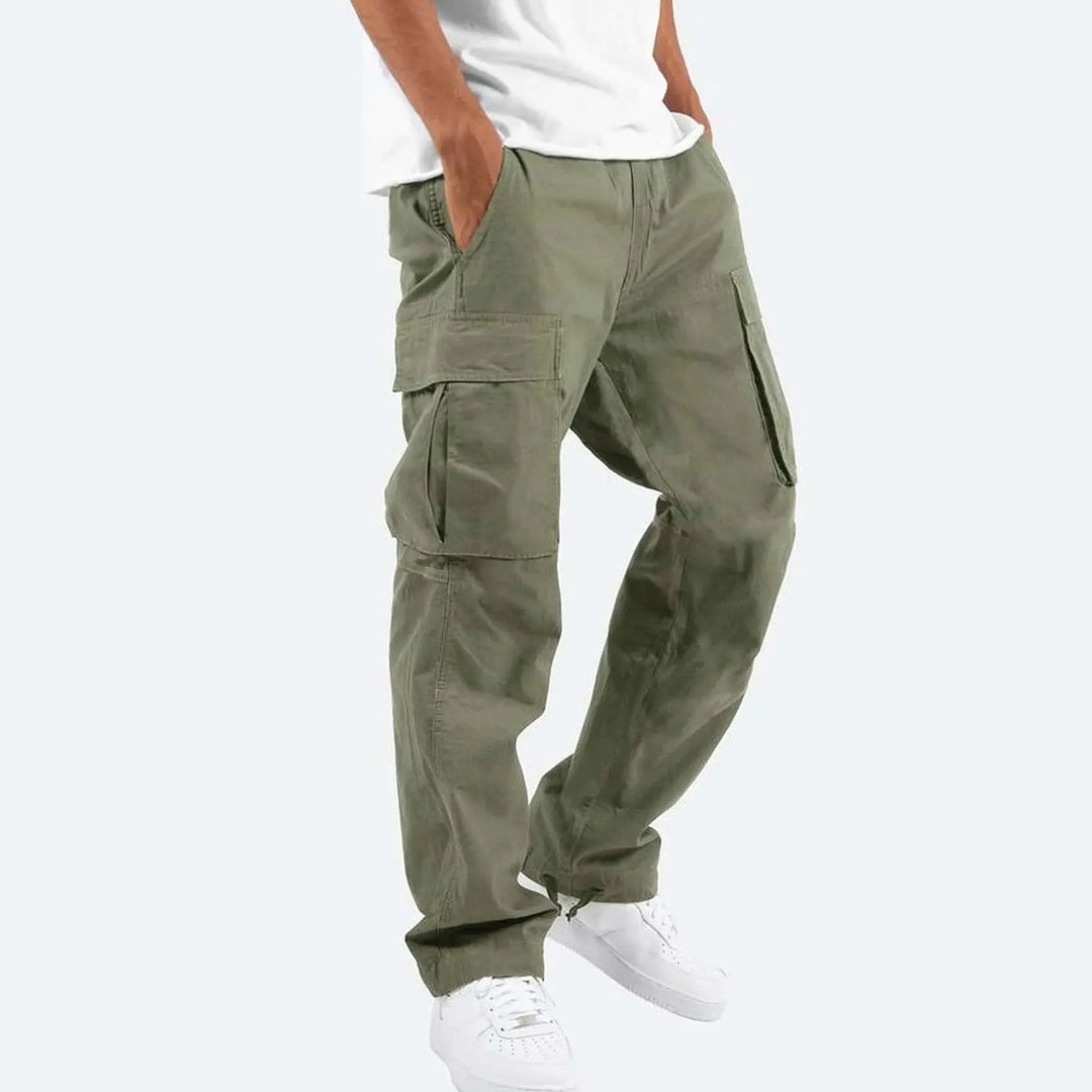 Relaxed fit men's cargo pants with adjustable drawstring waist, perfect for streetwear & utility.
