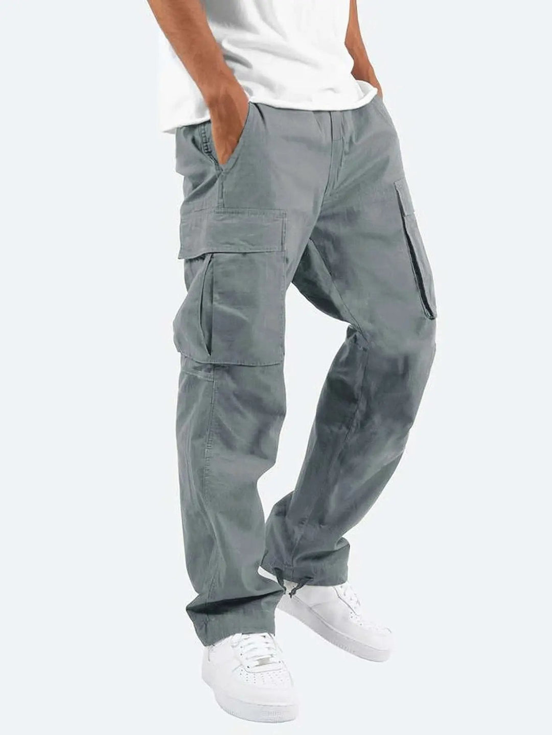 Durable men's utility cargo pants with drawstring waist, great for outdoor activities & comfort.
