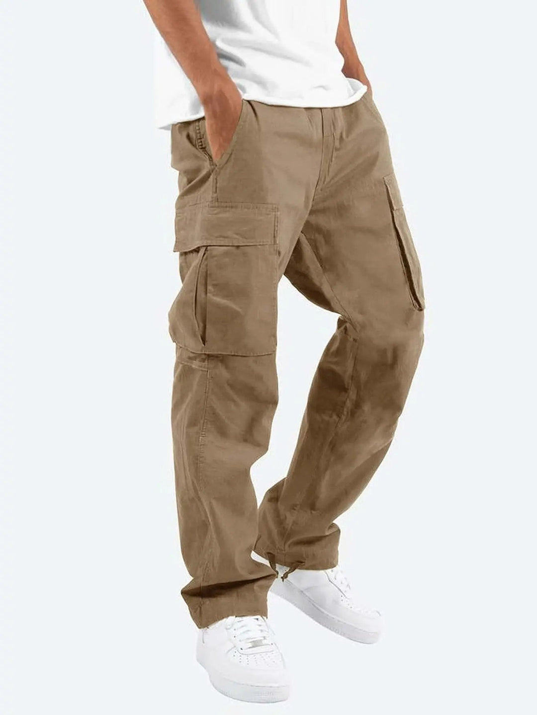 Khaki men's drawstring cargo pants featuring spacious pockets, designed for comfort & everyday style.