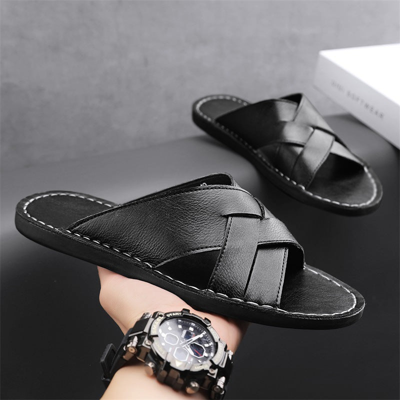 Side view of comfortable men's brown flat sole cross-strap sandals, perfect for summer walking.