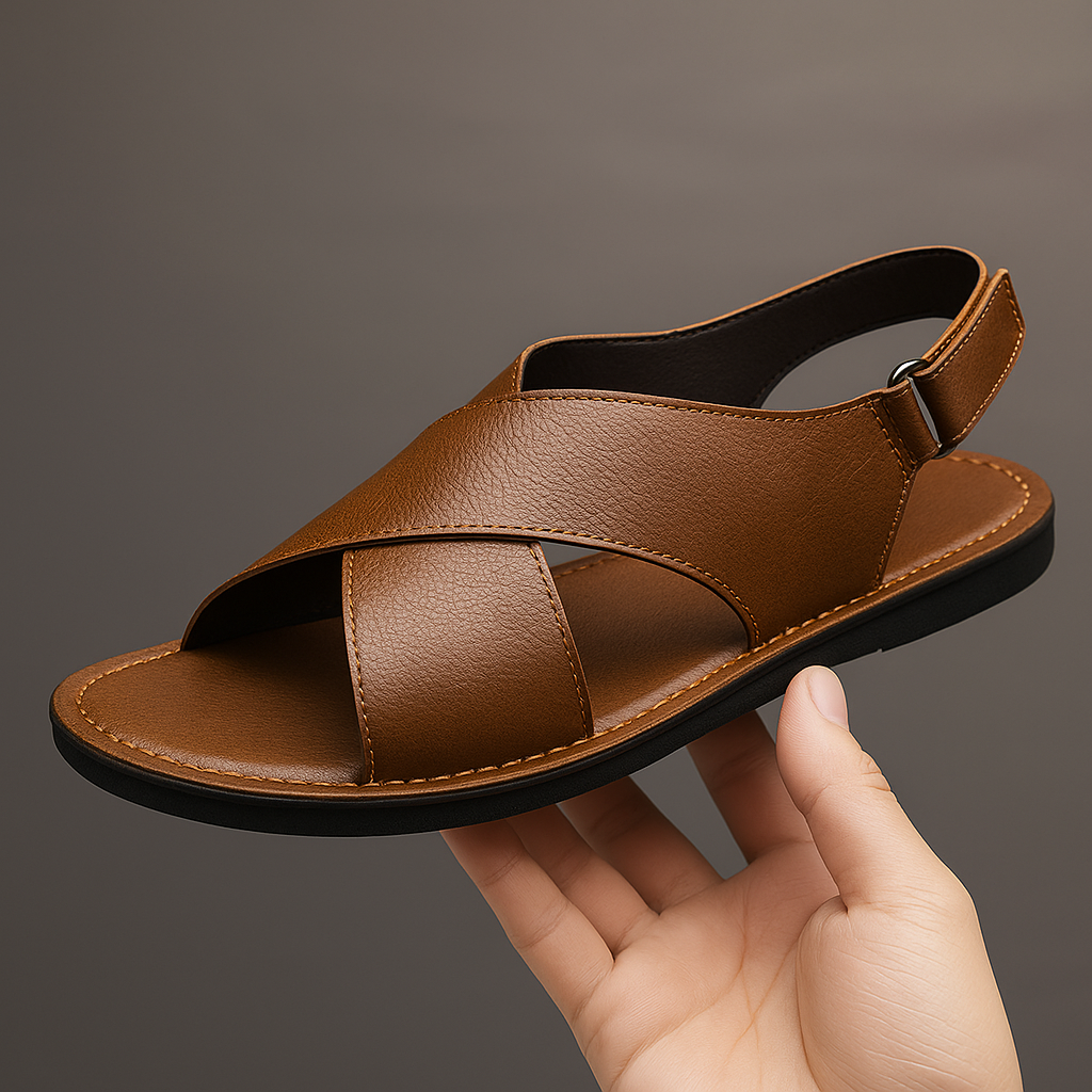 Casual men's brown cross-wrap slip-on sandals with flat sole, perfect for summer.