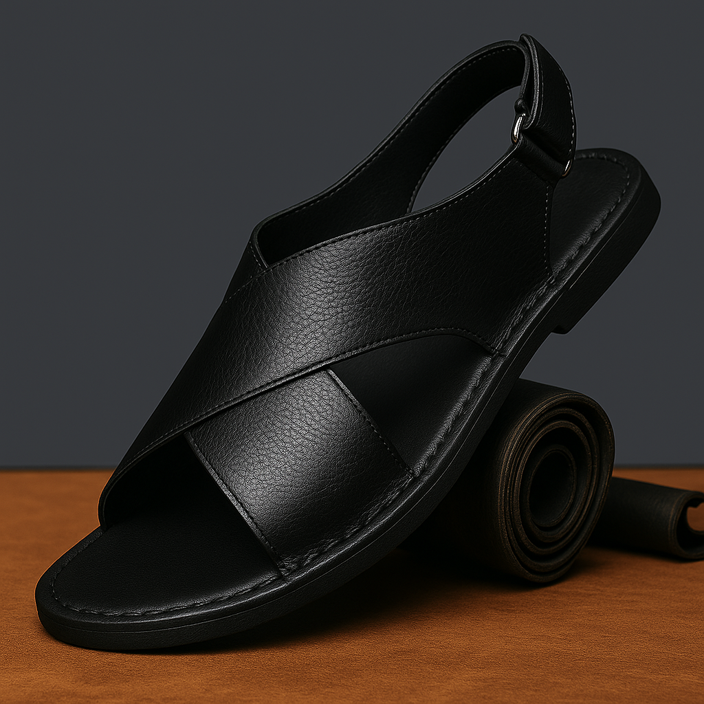 Black men's slip-on sandals, comfortable for summer walking, beach, or everyday casual wear.