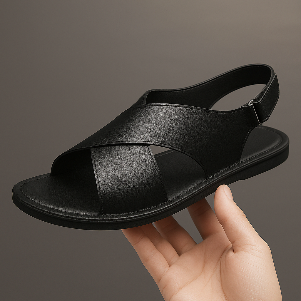 Open-toe men's crossover slip-on sandals with flat sole, ideal comfortable summer footwear.