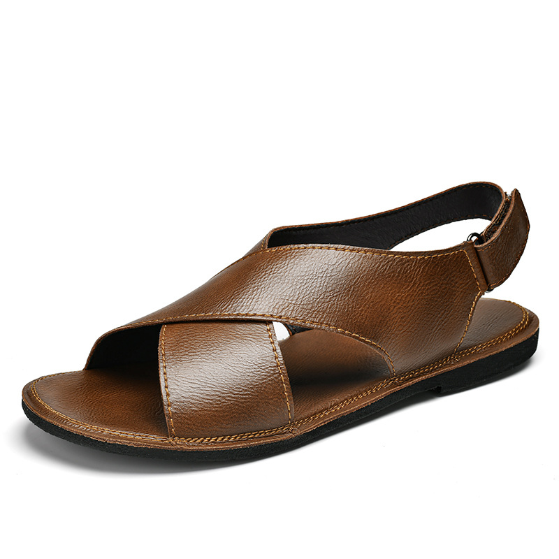 Men's brown & black comfortable cross-wrap slip-on sandals, great for summer casual wear.