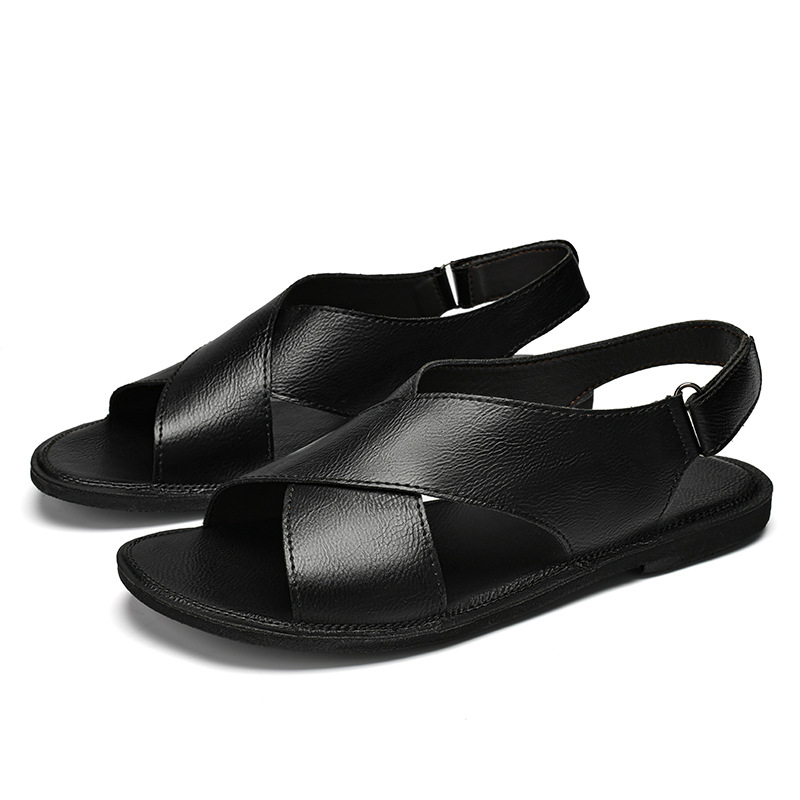 Durable men's flat-sole cross-wrap slip-on sandals for comfortable summer casual & beach wear.