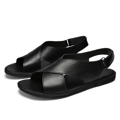 Durable men's flat-sole cross-wrap slip-on sandals for comfortable summer casual & beach wear.