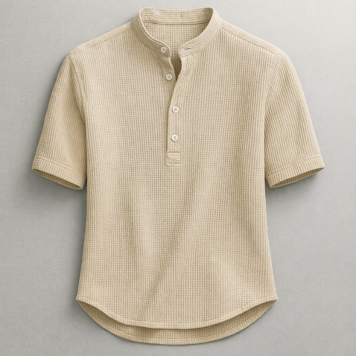 Tailored fit men's long sleeve henley shirt, ideal for smart casual wear, offering everyday comfort and style.