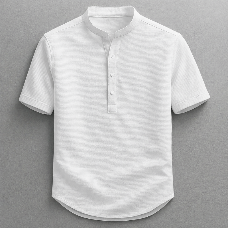 Classic henley button placket on a men's long sleeve shirt, offering everyday comfort, tailored fit, and style.
