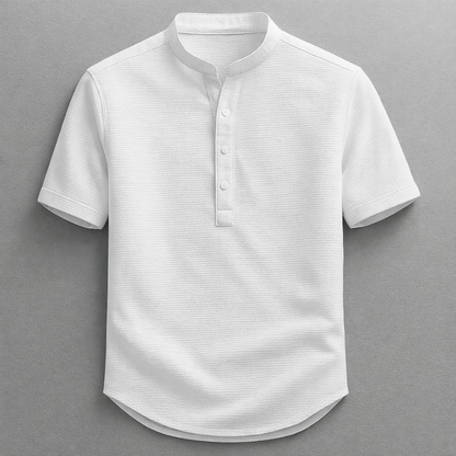 Classic henley button placket on a men's long sleeve shirt, offering everyday comfort, tailored fit, and style.