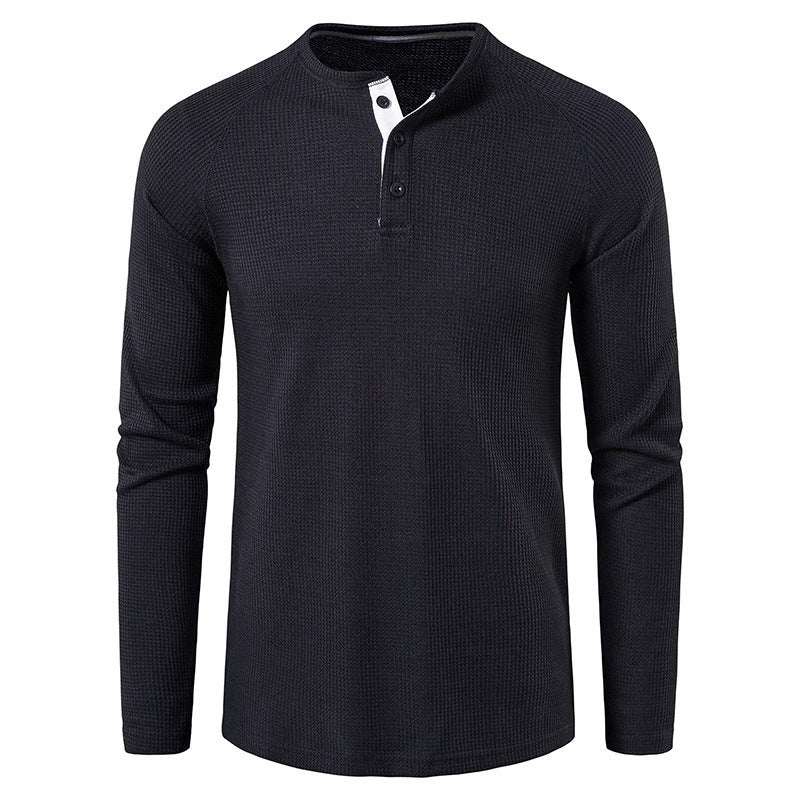 Stylish men's knit henley, a versatile long sleeve top for various casual occasions.