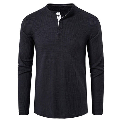 Stylish men's knit henley, a versatile long sleeve top for various casual occasions.