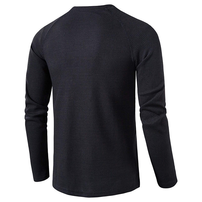 Men's button placket knit henley shirt, offering comfort & classic casual appeal.