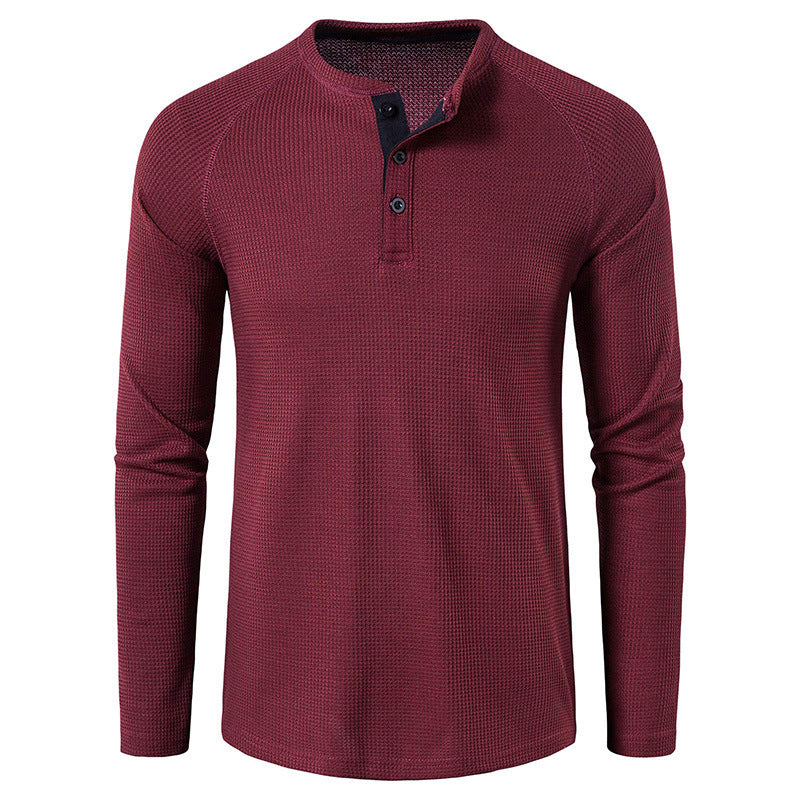 Comfortable long sleeve men's knit henley top, a staple for men's casual fashion.