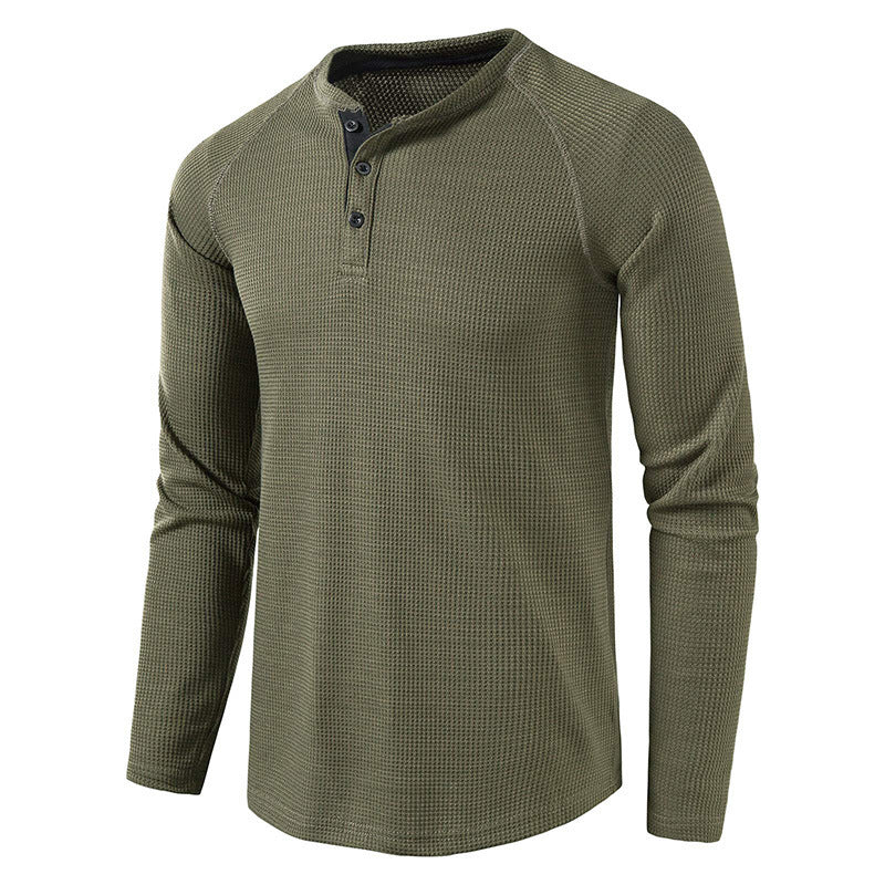 Stylish men's knit henley shirt featuring a button placket, perfect for versatile fashion.