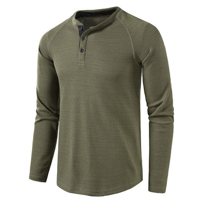 Stylish men's knit henley shirt featuring a button placket, perfect for versatile fashion.