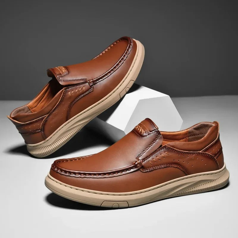 Men wearing comfortable leather slip-on loafers, demonstrating fit and casual elegance.