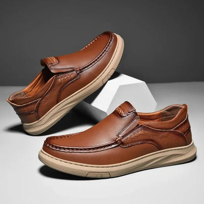 Men wearing comfortable leather slip-on loafers, demonstrating fit and casual elegance.