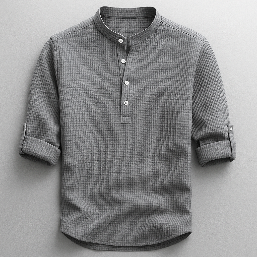 Versatile men's smart casual Henley shirt with buttons, a modern fit ideal for layering or solo wear.