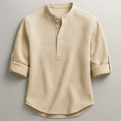 Tailored fit men's long sleeve Henley top, a comfortable and stylish button shirt for men's everyday wear.