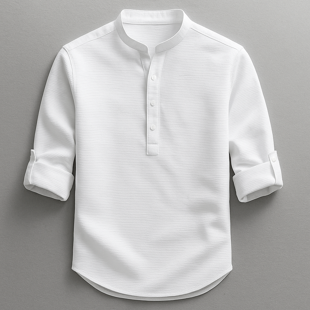 Stylish men's Henley button shirt, a comfortable long sleeve top for smart casual spring fashion and everyday style.