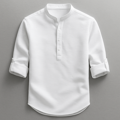 Stylish men's Henley button shirt, a comfortable long sleeve top for smart casual spring fashion and everyday style.