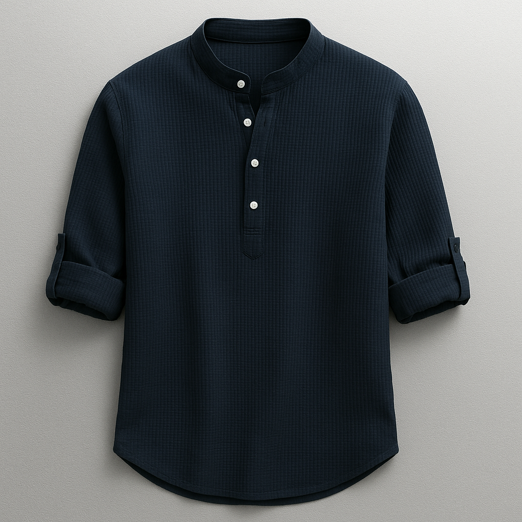 Modern fit men's casual Henley shirt with button placket, offering everyday comfort and versatile men's style.