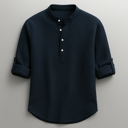 Modern fit men's casual Henley shirt with button placket, offering everyday comfort and versatile men's style.