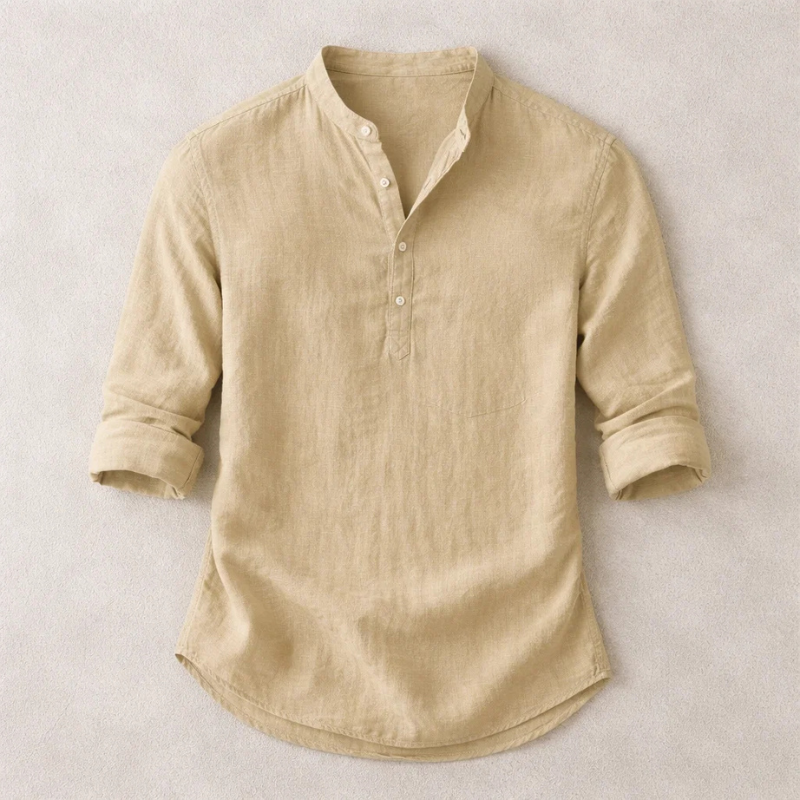 Stylish men's tailored fit long sleeve henley shirt with button-up detail, ideal for versatile fashion.