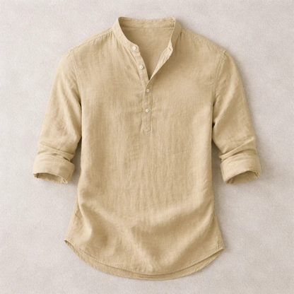 Stylish men's tailored fit long sleeve henley shirt with button-up detail, ideal for versatile fashion.