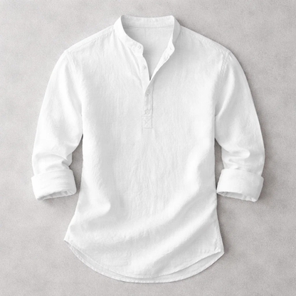 Men's long sleeve henley shirt, featuring classic button-up collar & tailored fit for modern casual style.