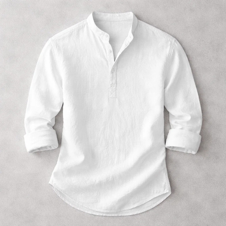 Men's long sleeve henley shirt, featuring classic button-up collar & tailored fit for modern casual style.
