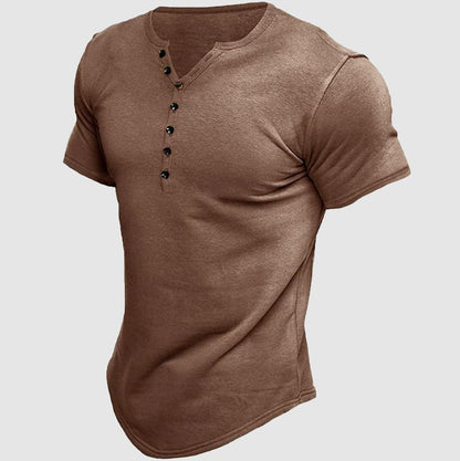 Stylish men's short sleeve henley, a versatile classic casual button shirt for any occasion.