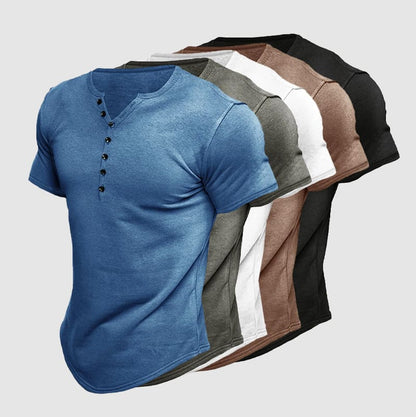 Soft men's short sleeve henley shirt with a button placket, offering casual comfort and modern style.