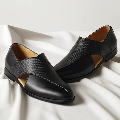 Close-up of men's elegant slip-on loafers. Details show comfort, classic style, and quality craftsmanship.
