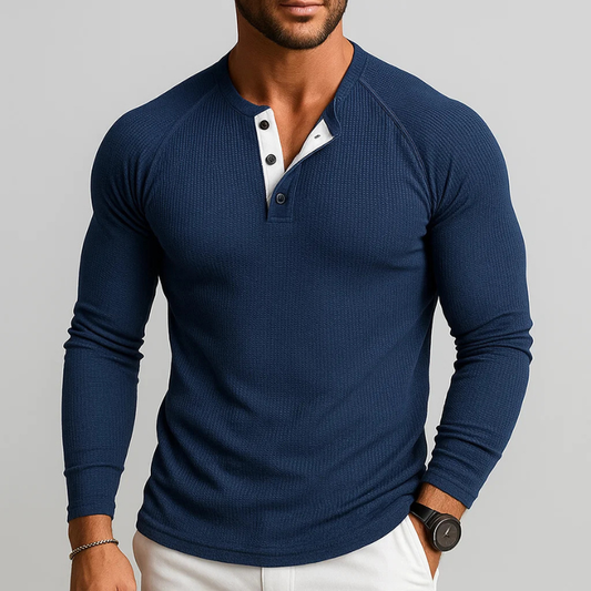Men's comfortable textured Henley long sleeve shirt, perfect for everyday casual wear & tailored for a great fit.